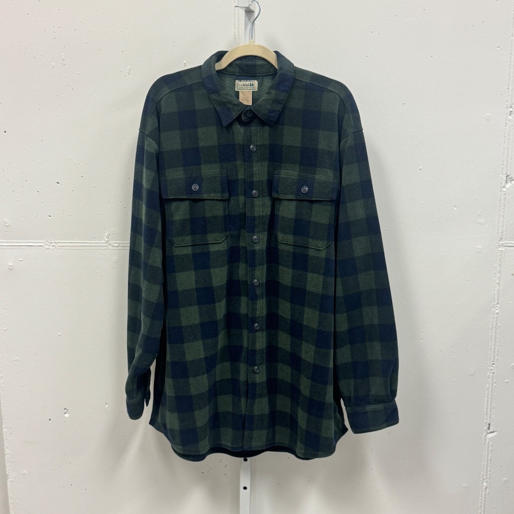 L.L. Bean Mens XL Buffalo Plaid Fleece Shirt Jacket 273074 Button Down Green